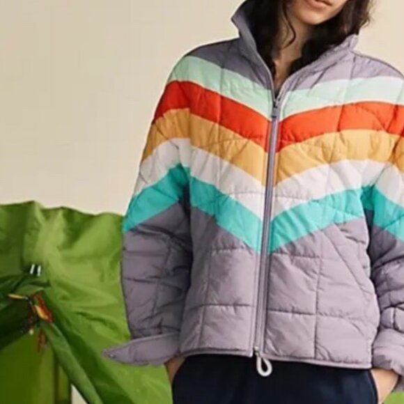 NWT Free People Pippa Printed Packable Puffer Jacket in Steel Peach Combo - Picture 2 of 10